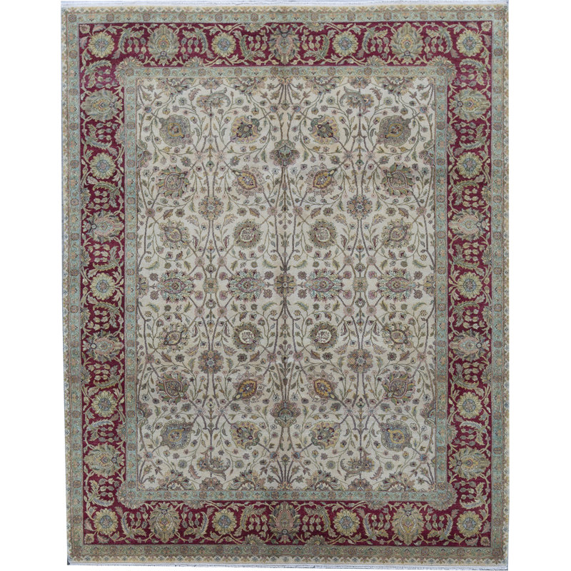 Tapis ivoire et rouge noué à la main de haute qualité