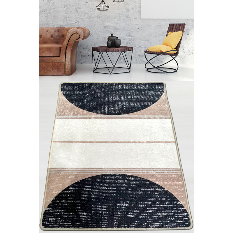 Tapis noir / blanc / beige en mélange de polyester tissé à la machine Otterbein, Rectangle 3 pi 3 po x 6 pi 7 po