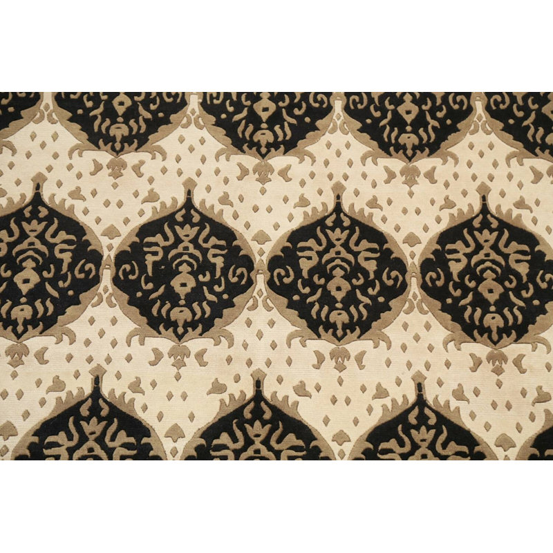 Tapis népalais oriental végétal noué à la main noir / beige 7 pi 10 po x 9 pi 9 po