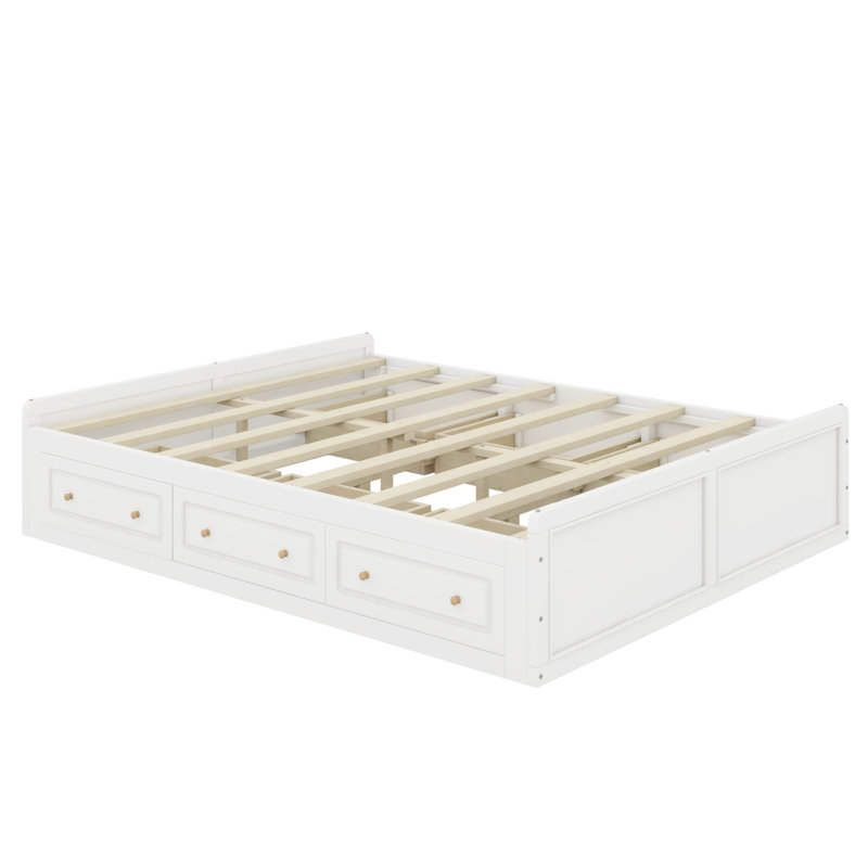 Wood Queen Size Platform Bed Frame With 6 Drawers, White