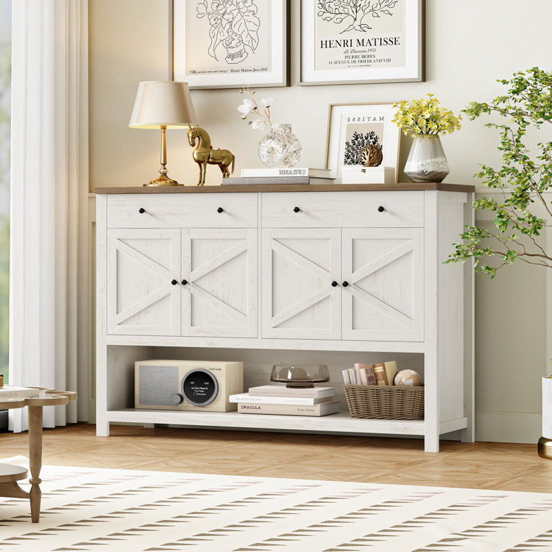 55.1" W Console Table, Entrance Cabinet With Open Shelf, Antiqued White