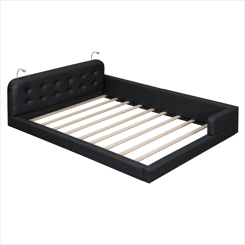 Upholstered Platform Bed With 2 Reading Lights, Black
