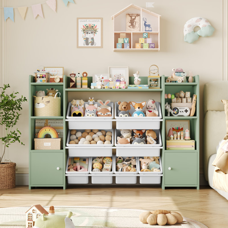 Lafon Manufactured Wood Toy Organizer with Bins, Green/White