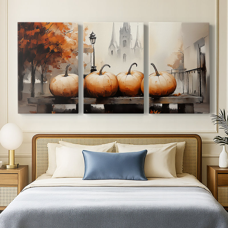 Automne citrouilles d'automne sur un banc avec un ensemble d'églises en toile 3 pièces