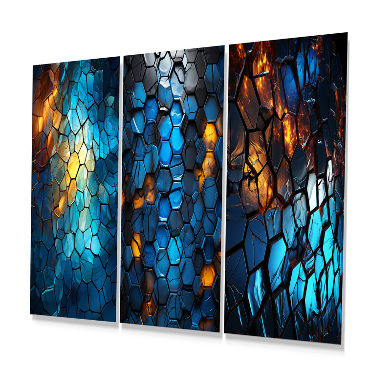 Fractale bleue et jaune mosaïque I - formes abstraites modernes, ensemble de 3 impressions sur métal, H 28 po x l 36 po