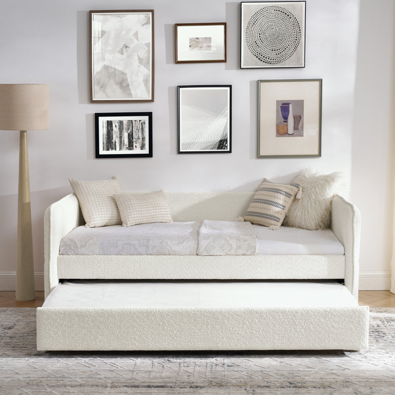 Arlethea Boucle Fabric Tufted Daybed with Trundle | Upholstered Sofa Bed for Living Room, Guest Rooms & Small Spaces, Beige