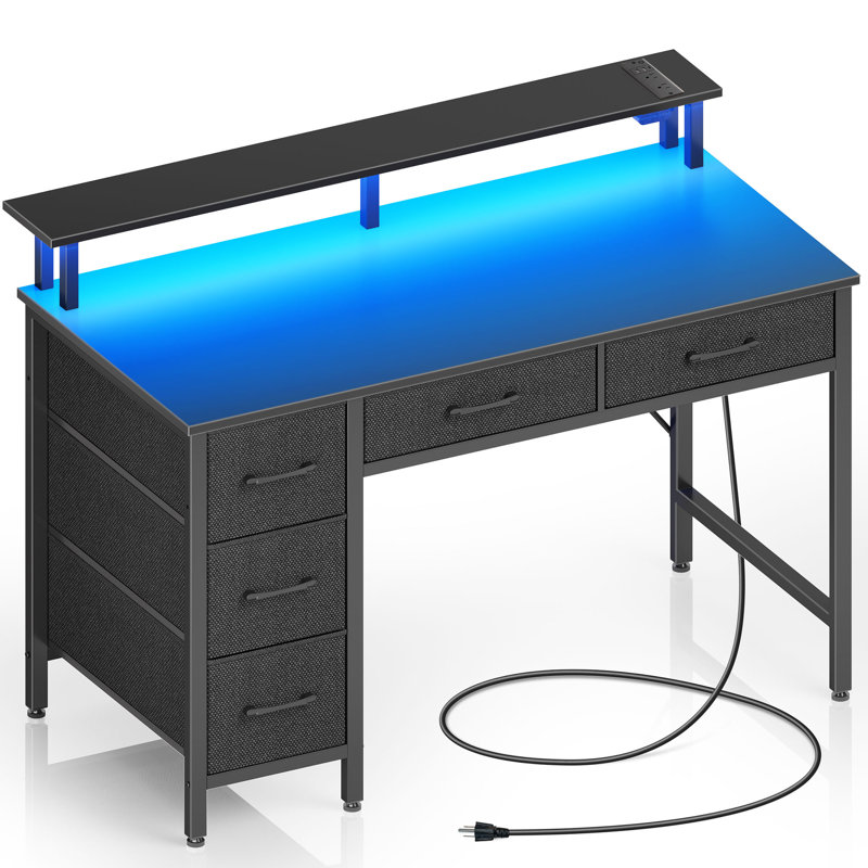 Linze Computer Desk w/ Monitor Shelf, RGB LED Lights, USB Ports & Drawers, 35.20"H x 39.40"W x 18.50"D, Black