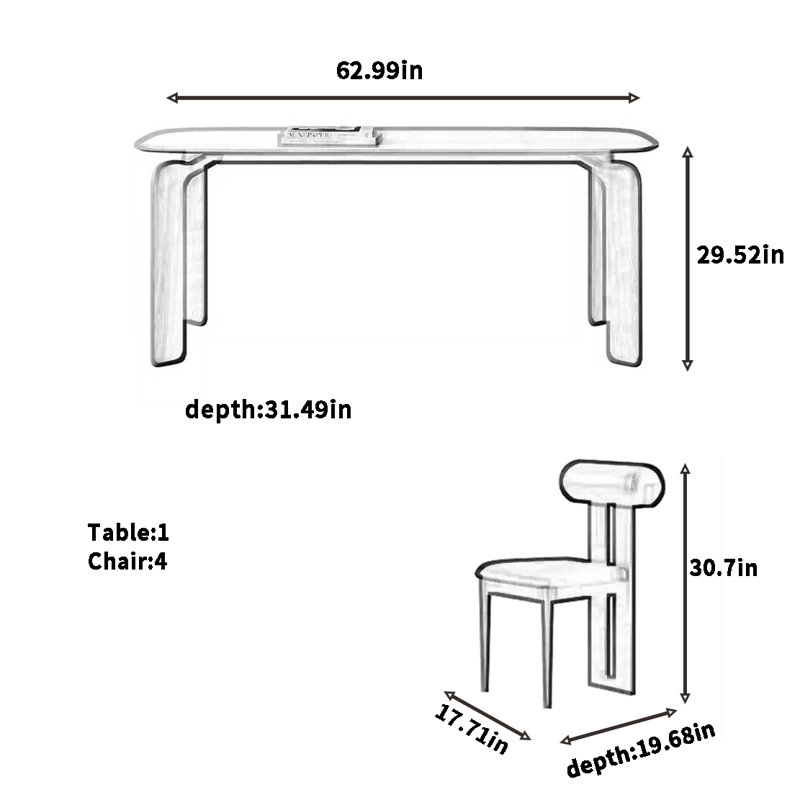 French retro dining table and chair combination, 29.52"H x 62.99"L x 31.49"W