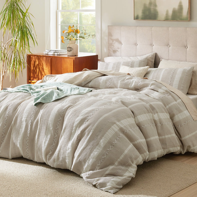 Bedsure Waffle Weave Duvet Cover Queen - 100% Cotton Boho Beding Set （Set of 3）, Strip Linen