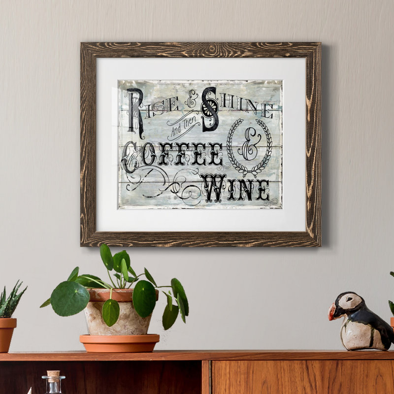 «Rise Shine Wine», reproduction d'art graphique sur papier encadré, H 24 po x l 18 po x P 1,5 po, Encadré de bois de noyer