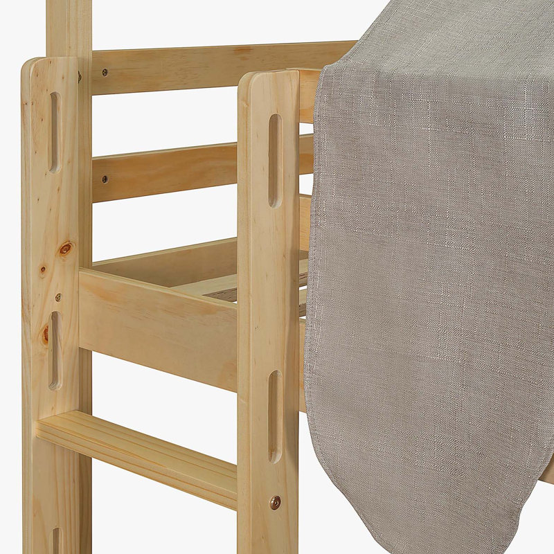 Lit mezzanine en bois pleine grandeur en forme de maison avec tente, naturel et beige, Naturel, Lit double
