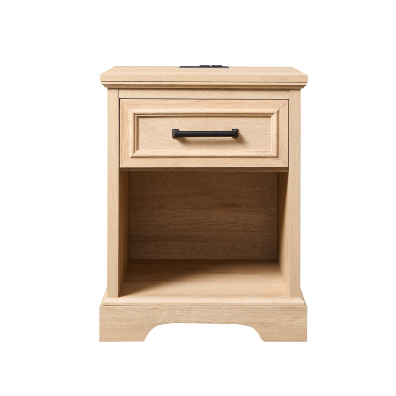 18'' Farmhouse Nightstand with Charging Station and Drawer, Oak