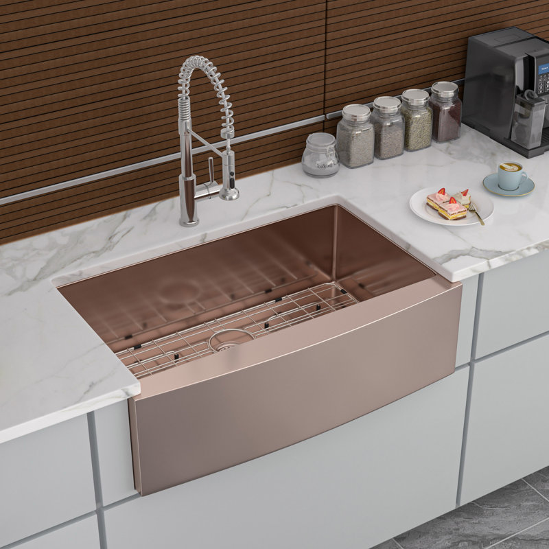 33X21x10"Farmhouse Apron Single Bowl Stainless Steel Kitchen Sink, Rose Gold