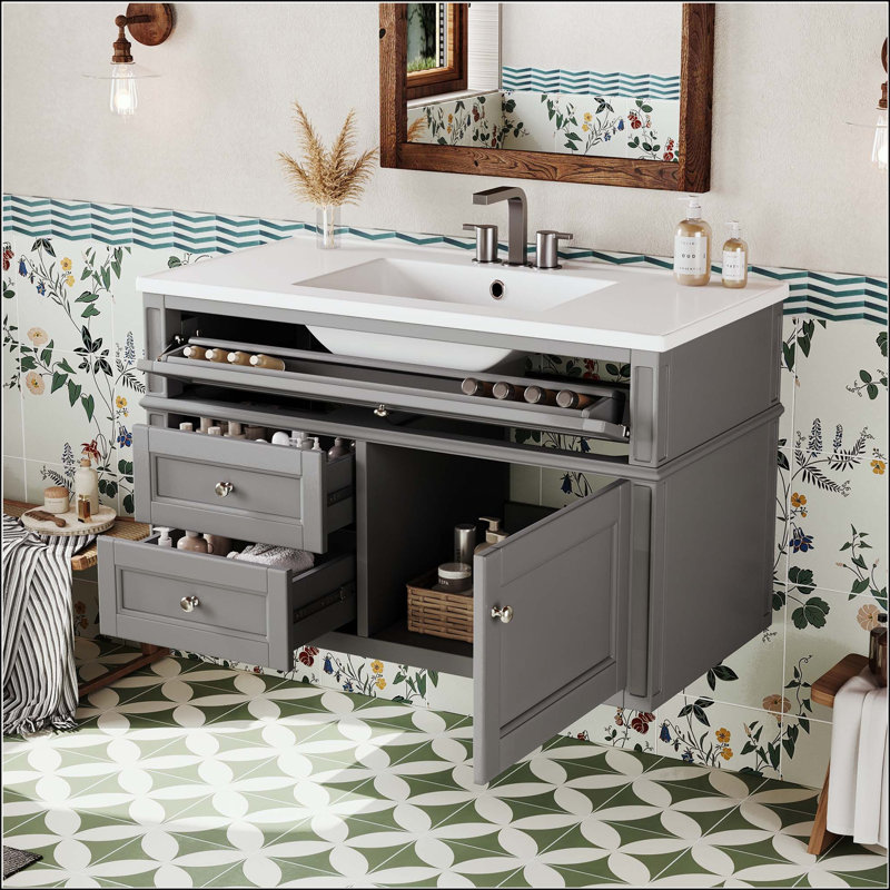 Ensemble de meuble-lavabo mural 36 po avec 2 tiroirs et basculant 36 po, Grey/Silver