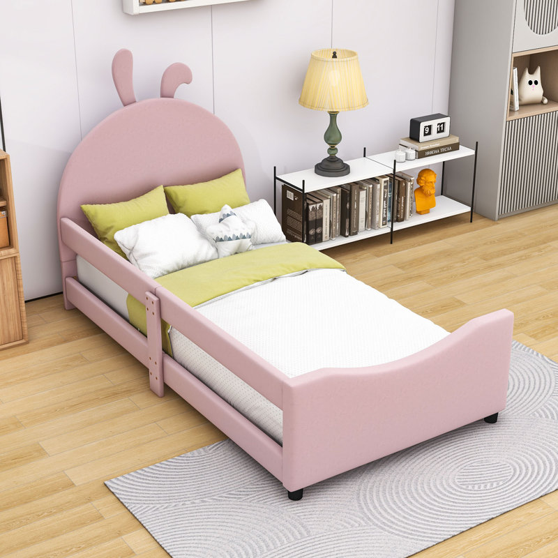 Lit simple tapissier avec tête de lit à oreilles de lapin et lattes, Rose