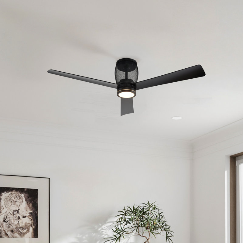 Helix 52-Inch Hugger Ceiling Fan, Matte Black with Matte Black Blades & Mesh Decorative Top Cover, Up & Down Lighting, 6CCT Selectable LED, Whisper-Silence DC Motor, Remote Control (3-Blade)