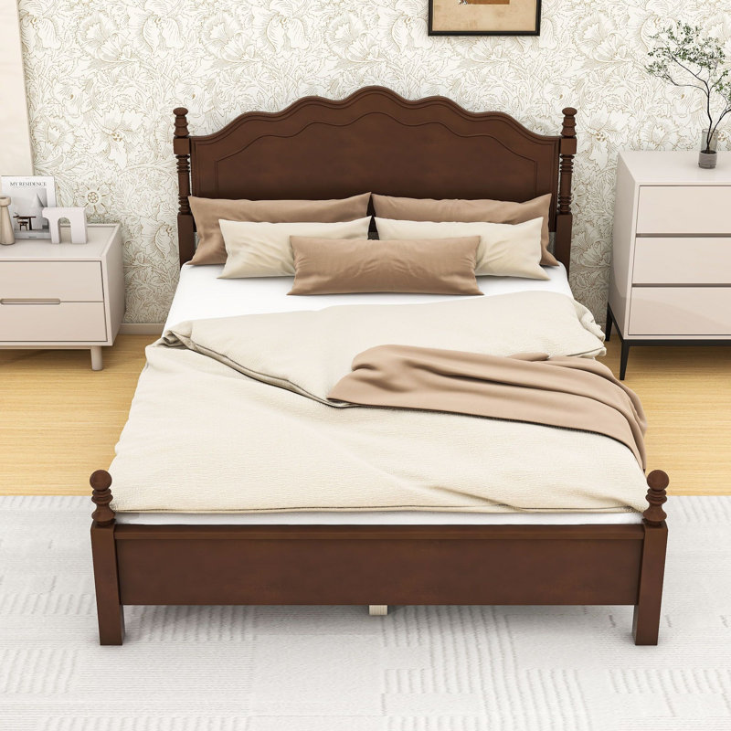 Base de lit plateforme avec tête de lit grand et courbé avec lattes en bois renforcé et pieds de soutien centraux, Queen