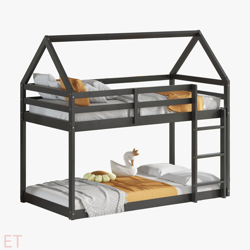 Lit simple superposé au sol en bois d'hévéa simple avec échelle, garde-corps et lit superposé en forme de maison, Gris
