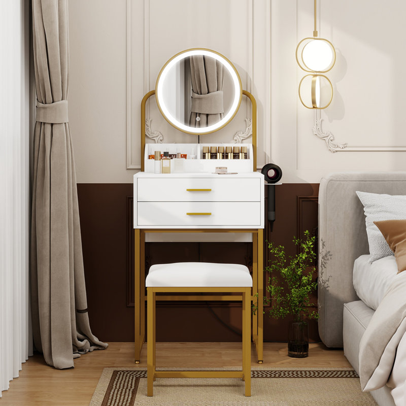 Dressing Table with LED Lighted Mirror, Makeup Vanity Desk with Stool and 2 Drawers, 55CM Desktop, Gold