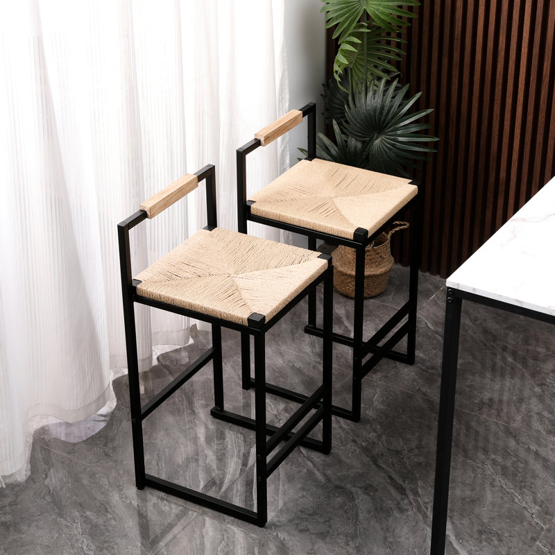 2 tabourets de bar de bureau avec dossier: structure en métal et assise en corde de papier respirante de 2 comptoirs en fer