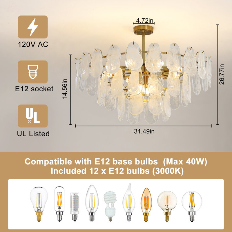  Ventilateur de plafond moderne de 20 pouces avec lumières, plafonnier encastré doré avec abat-jour en verre, télécommande pour le salon de la chambre à coucher, ampoule E26 4 * excl.