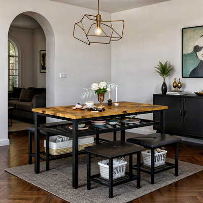 Dining Table Set For 4, 43.3 Rectangular Dining Room Table Set With Bench And 2 Stools, 4 Pieces Kitchen Table Set With Storage Rack For Small Space,