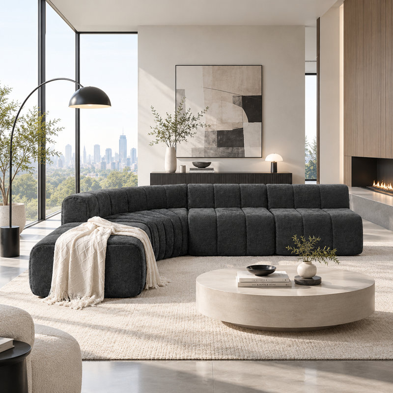 Canapé modulaire semi-incurvé 116,5 po Chenille, Noir