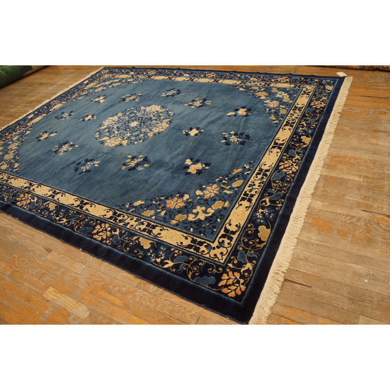 Wool Hand Knotted Pile Blue Rectangle 1920s Antique Rug