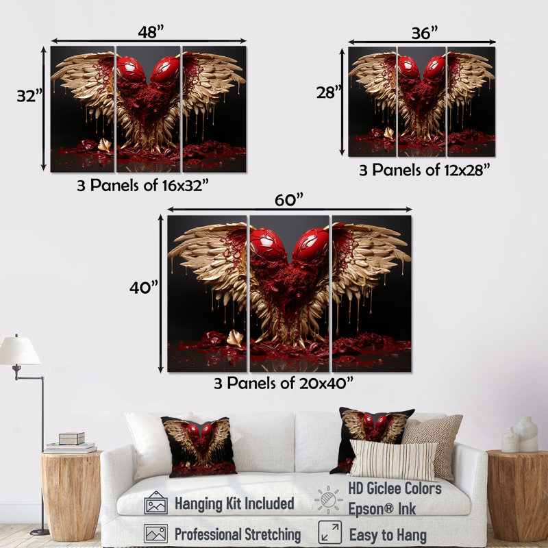 Ailes d'ange royal rouge et or I - Art mural fantastique, Toile tendue, H 28 po x l 36 po x P 1 po