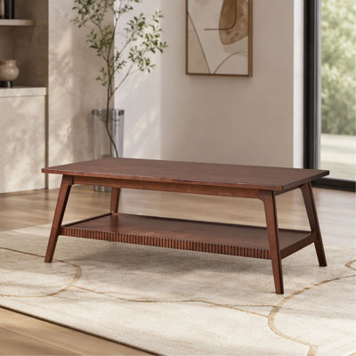 Solid Wood Coffee Table, Rectangular Living Room Coffee Table with Lower Storage Shelf, Wooden Center Cocktail Table for Home, Apartment, Office