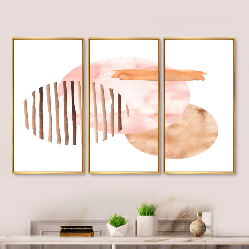 Formes géométriques abstraites dans des tons de terre - ensemble d'art moderne sur toile encadrée moderne de 3, Or