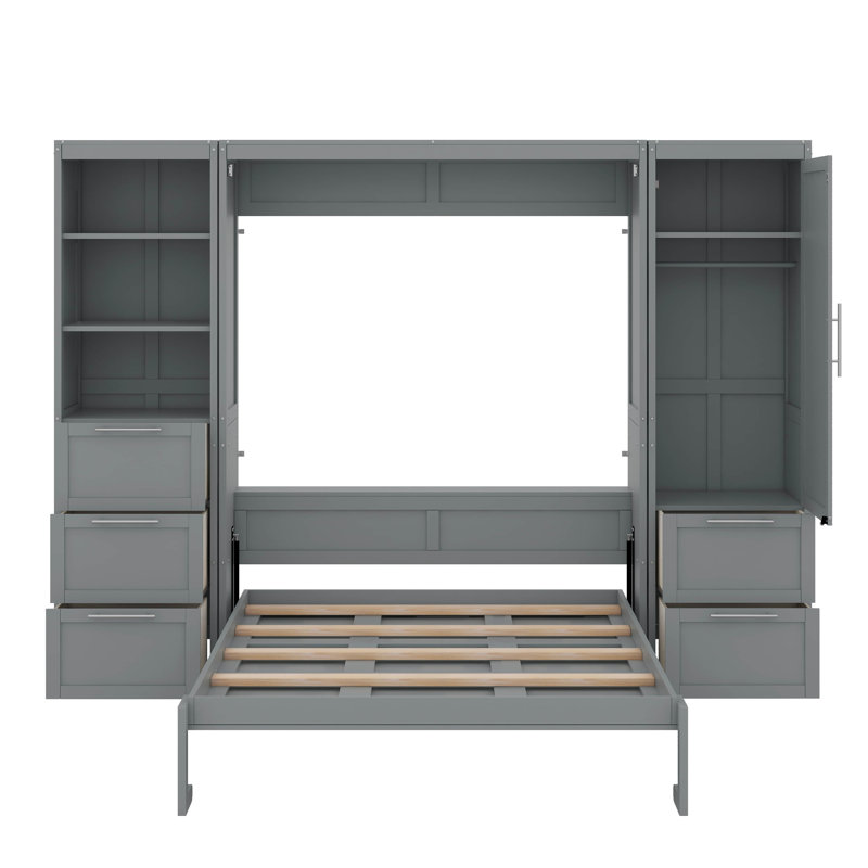 Grand lit escamotable mural avec placard, tablettes et tiroirs, Gris