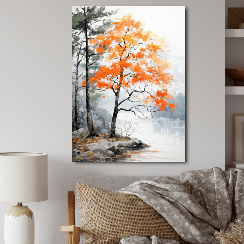 Orange et gris, forêt, automne, élégance I - art mural forêt, Toile tendue, H 32 po x l 24 po x P 1 po