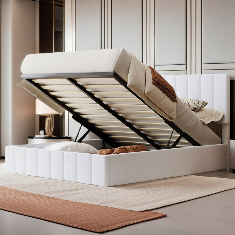 Upholstered Platform Bed With A Hydraulic Storage System, Queen, White
