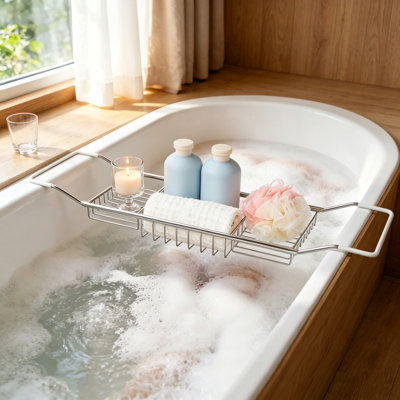 Expandable Stainless Steel Bathtub Caddy with Non-Slip, Rust-Resistant, Fits Most Tubs