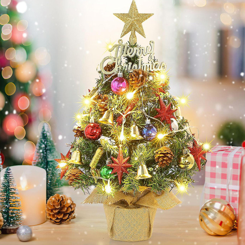 22-Inch Green Plastic Tabletop Christmas Tree with LED Lights and Ornaments