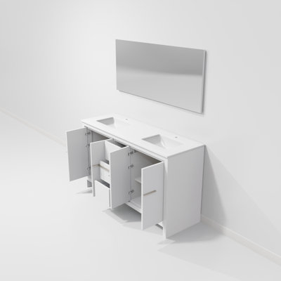 Meuble-lavabo double bleu marine l 60 po x P 20 po, plateau en marbre de culture, robinet en métal et miroir de 55 po