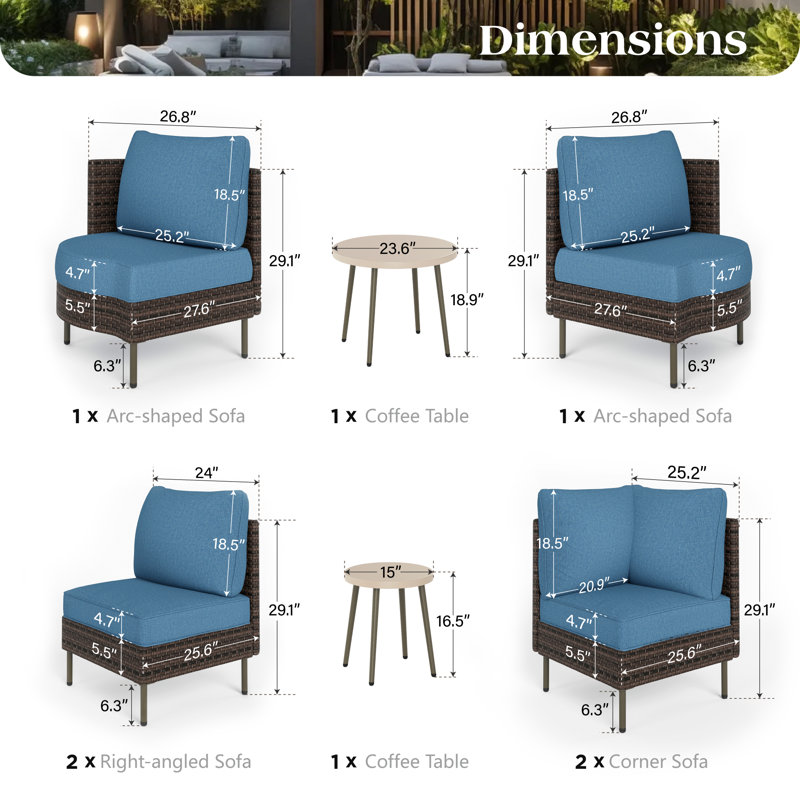 Ensemble de conversation en osier d'extérieur avec coussins et deux tables basses Carrboro