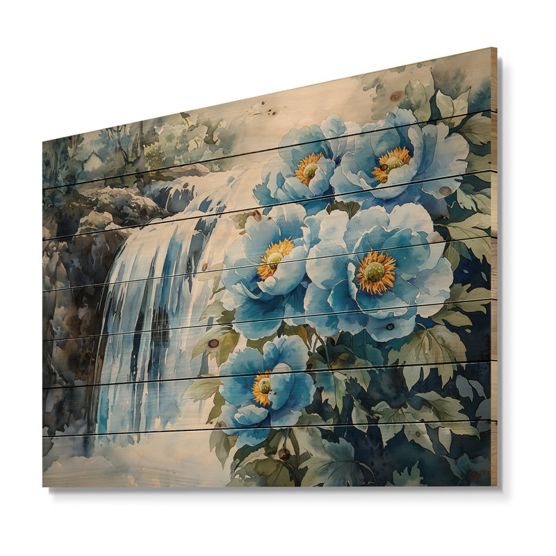 Pivoines par la cascade VI - Art mural en bois pivoines - sur bois de pin naturel, H 24 po x l 32 po x P 0,78 po