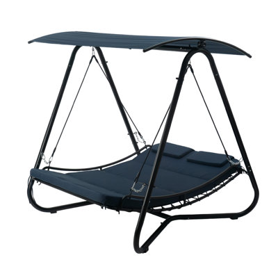 Kozyard Outdoor Swing Bed With Canopy, 2-Person Patio Swing Chair, Heavy Duty Steel Frame, Adjustable Sunshade, Cushioned Textilene Seat For Backyard Porch Garden (Navy Blue)