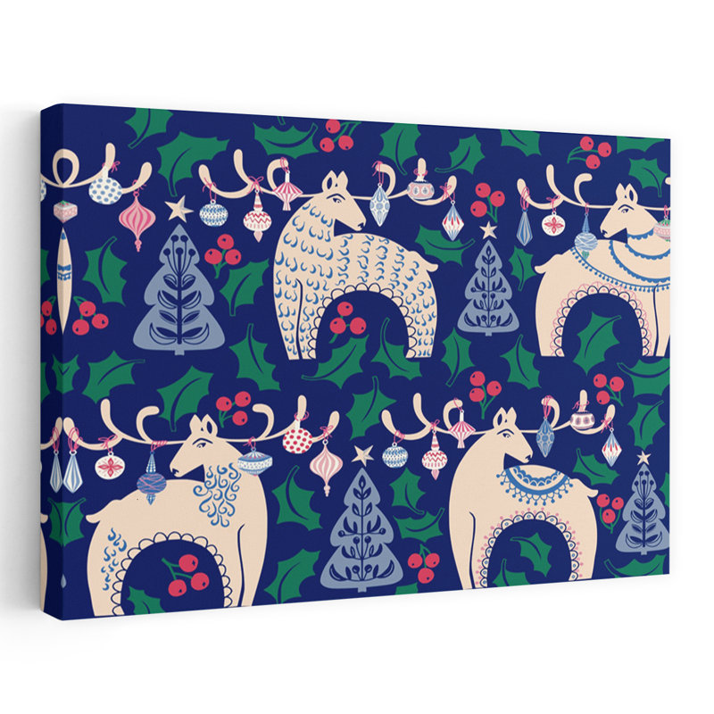 Festive Nordic Reindeer Pattern Whimsical Abstract Pine Tree Deer Nature Winter Wall Art Print by Annick - Wrapped Canvas Print