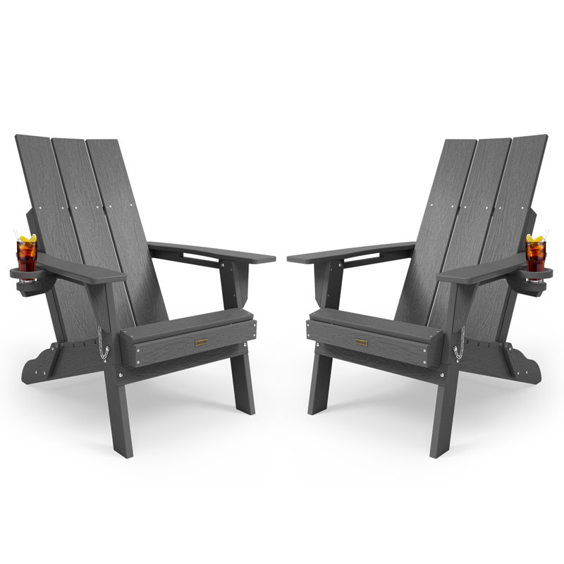 Chaises Adirondack pliantes en plastique HDPE avec porte-gobelet (deux ensembles), Gris