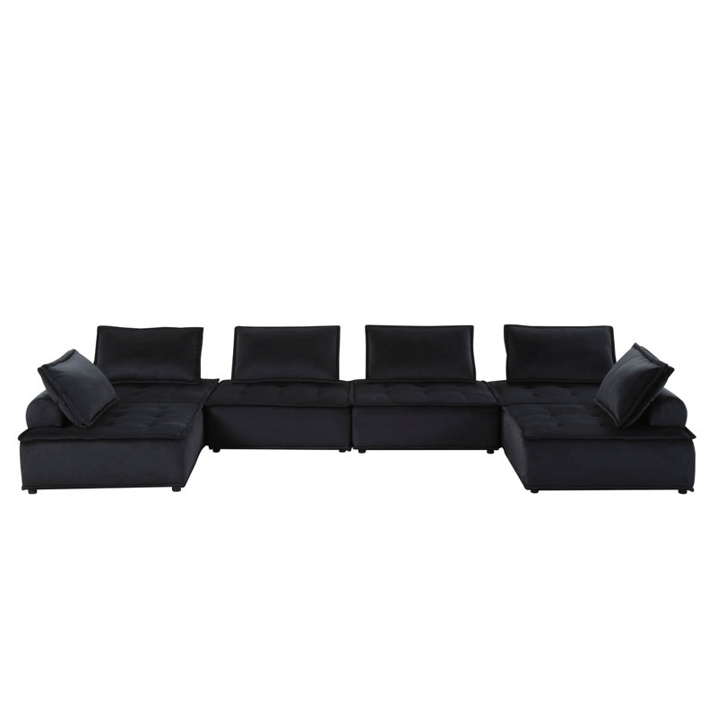 160"W Black Velvet 6-Seater U-Shape Modular Sectional Sofa