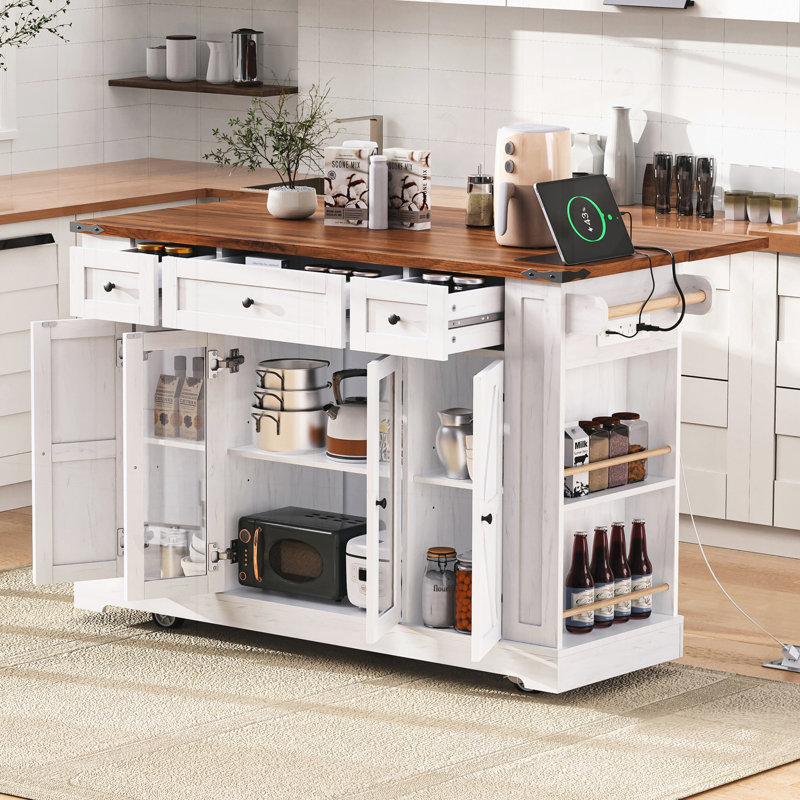 Îlot de cuisine avec deux portes d'armoire en verre trempé, prise de courant, Blanc