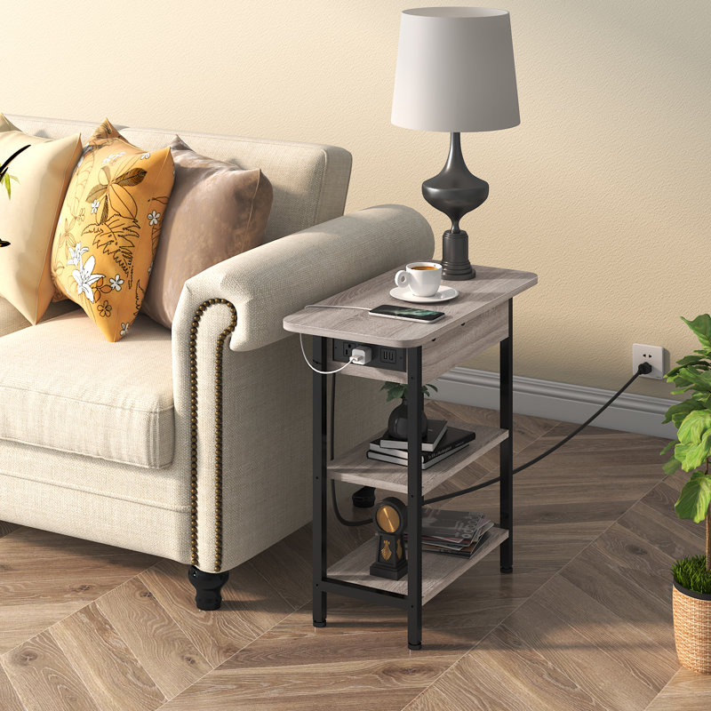 End Table Set of 2 with Storage and Charging Station, Greige