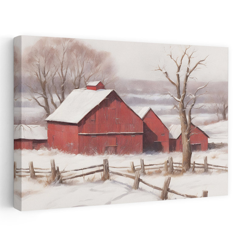 "Bundled Up Barns", art contemporain contemporain de paysage d'hiver, H 24 po x l 36 po