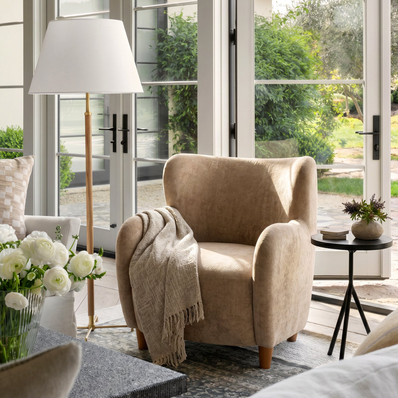 Reshami Wing Back Fabric Upholstered Accent Chair, Light Camel