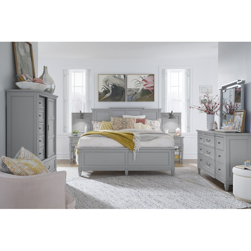 Grand lit escamotable avec commode à 2 tiroirs avec miroir de paysage Birdsall, 5 Pcs: Bed, 2 Nightstands, Dresser, Mirror