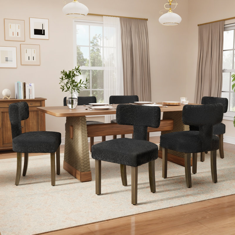 Modern T-Backrest Lambswool Fabric Upholstered Dining Chairs (Set of 6), Black