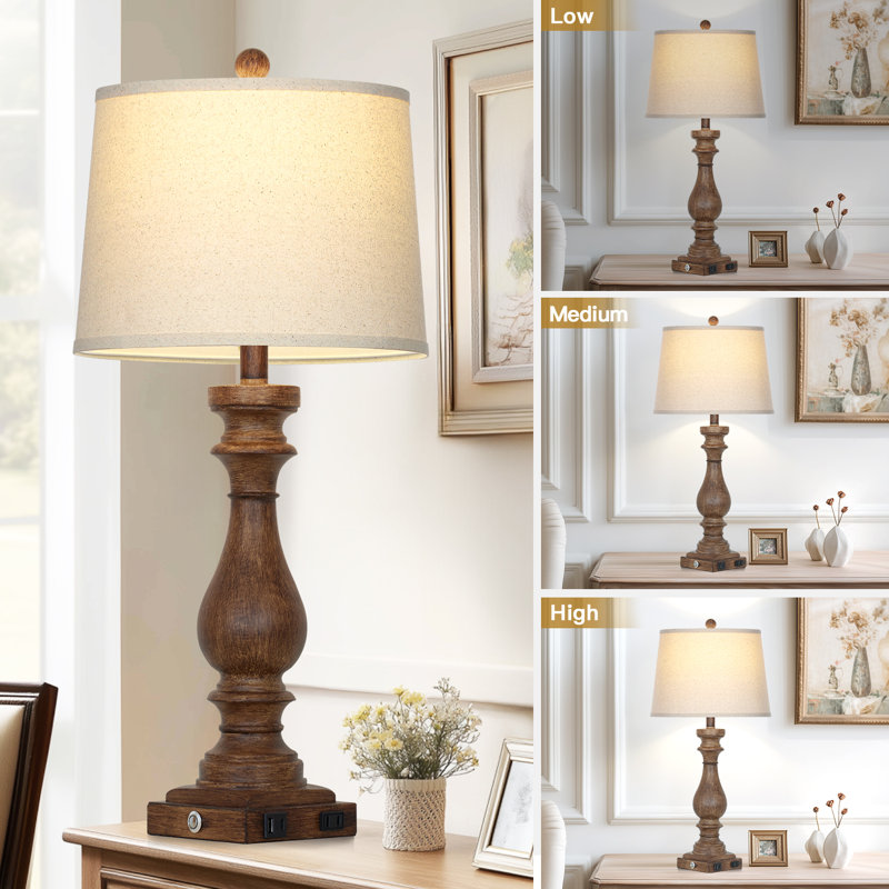 29" Tall Vintage Resin USB Table Lamp Set with Touch Control, Chocolate Brown
